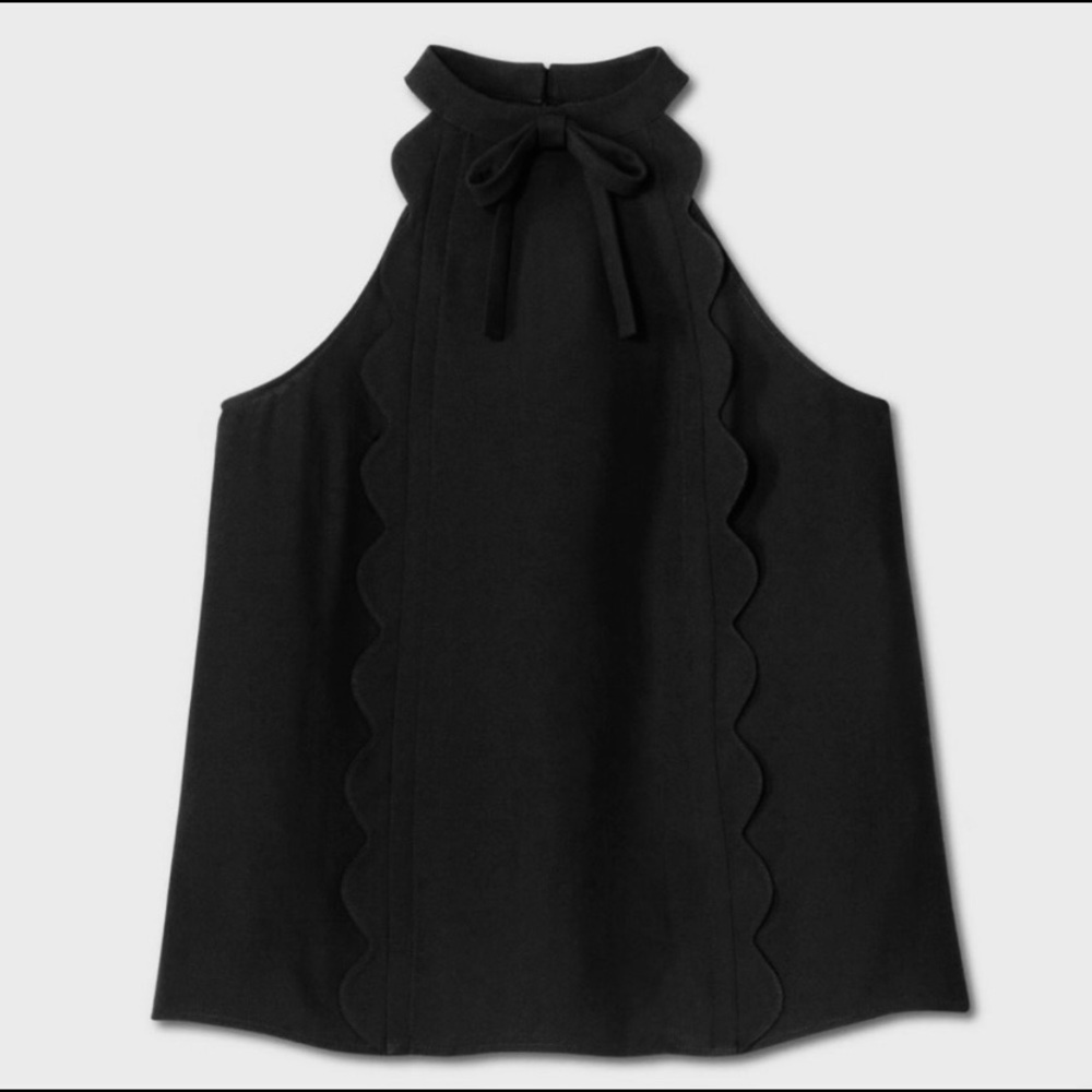 Black Scalloped Tie Neck Sleeveless Blouse